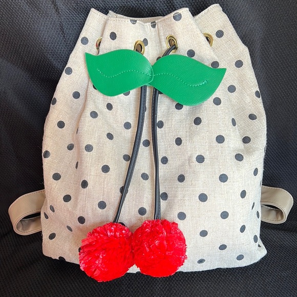 Betsey Johnson Handbags - Betsy Johnson | OS | Drawstring Polka Dot Cherry
Pom Pom Backpack Tan
Black NWOT